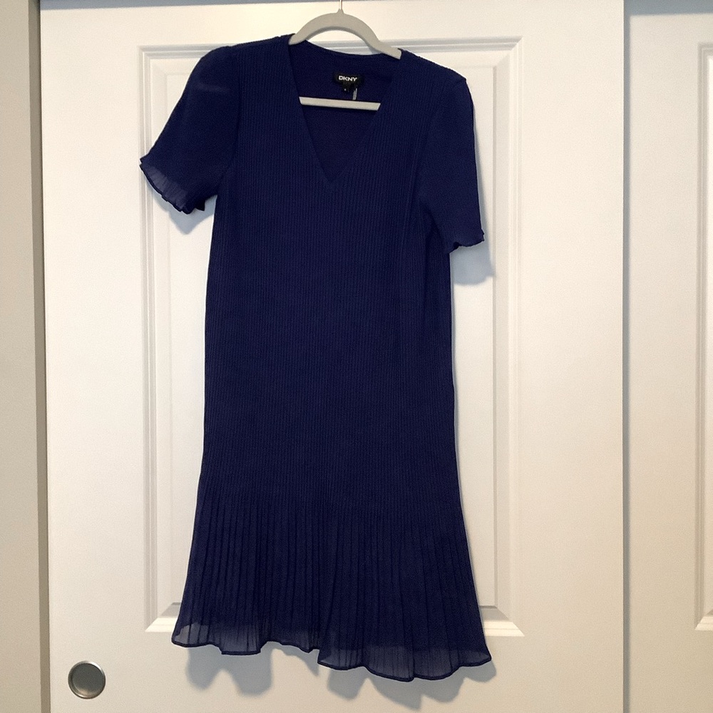 DKNY Pleated Blue Midi Dress with Sleeves (size 12)